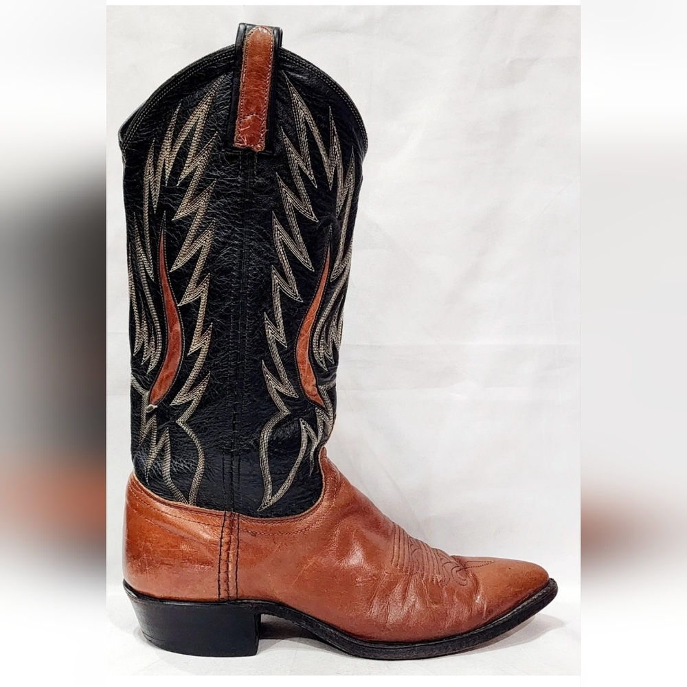 Dan Post BLACK BROWN/TAN Boot Cowboy Western Leather Pull On Ride Men 7.5 M Used